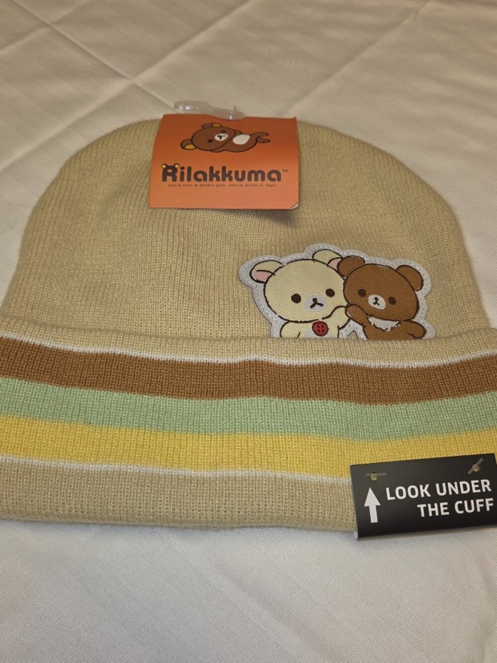 Rilakkuma San-X Cream Striped Beanie Hat Kids OSFM Korilakkuma Bear Patch 2024